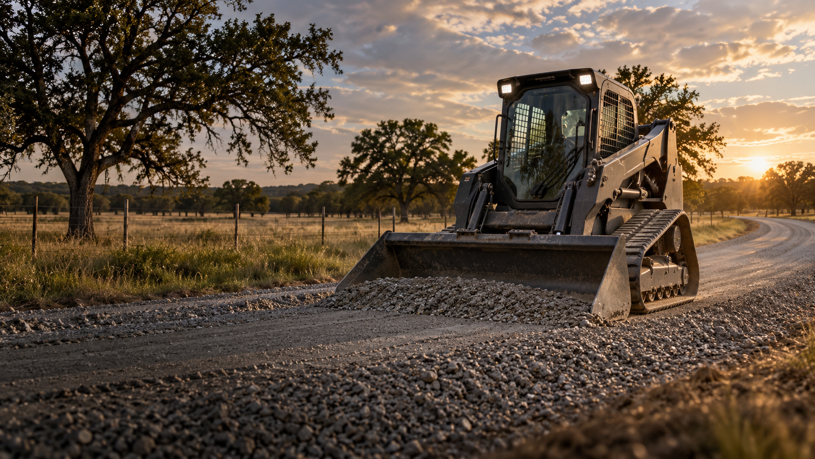 Compact track loader grading a gravel driveway on Oklahoma acreage